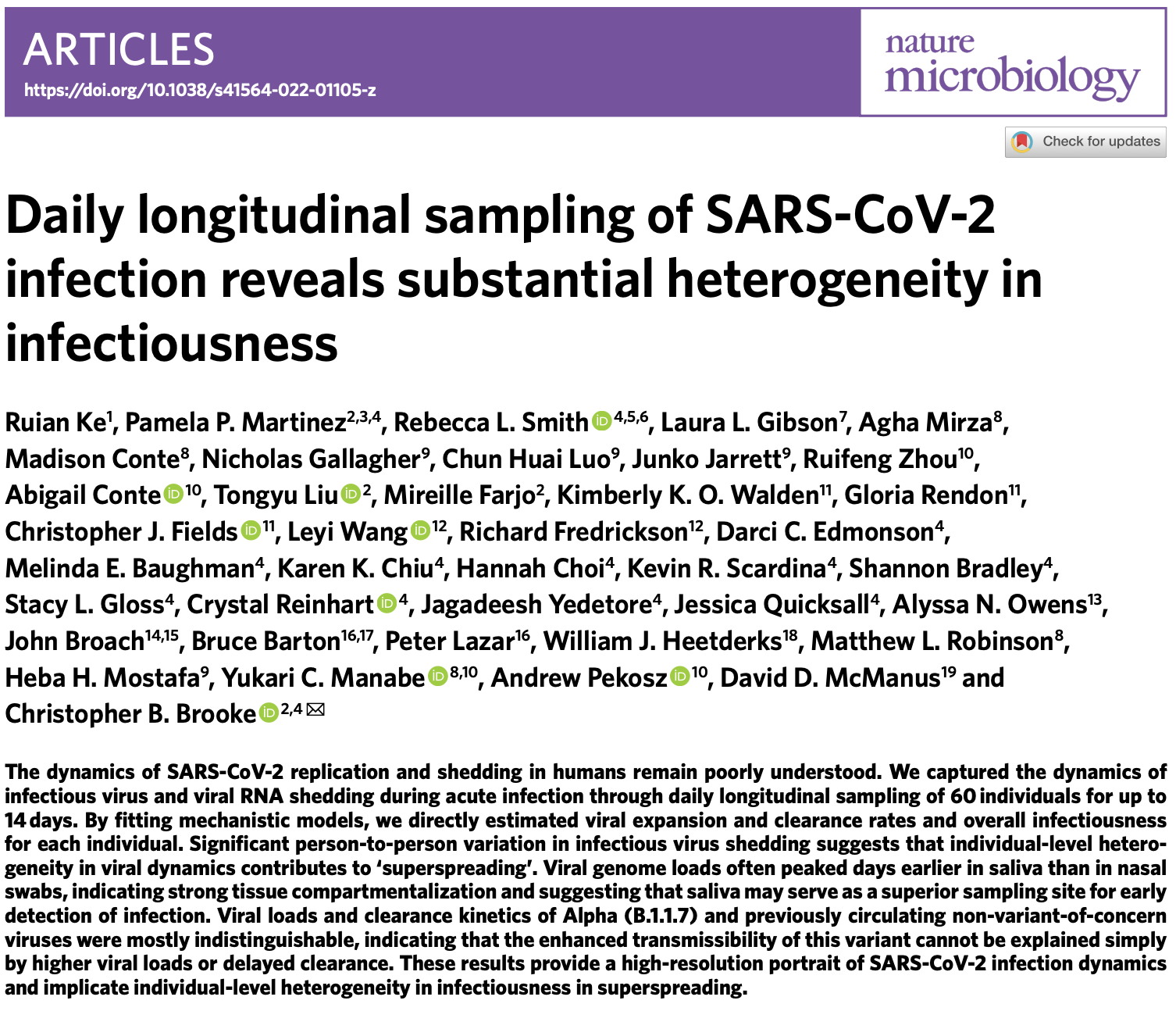 Abstract from Daily longitudinal sampling of SARS-CoV-2 infection reveals substantial heterogeneity in infectiousness