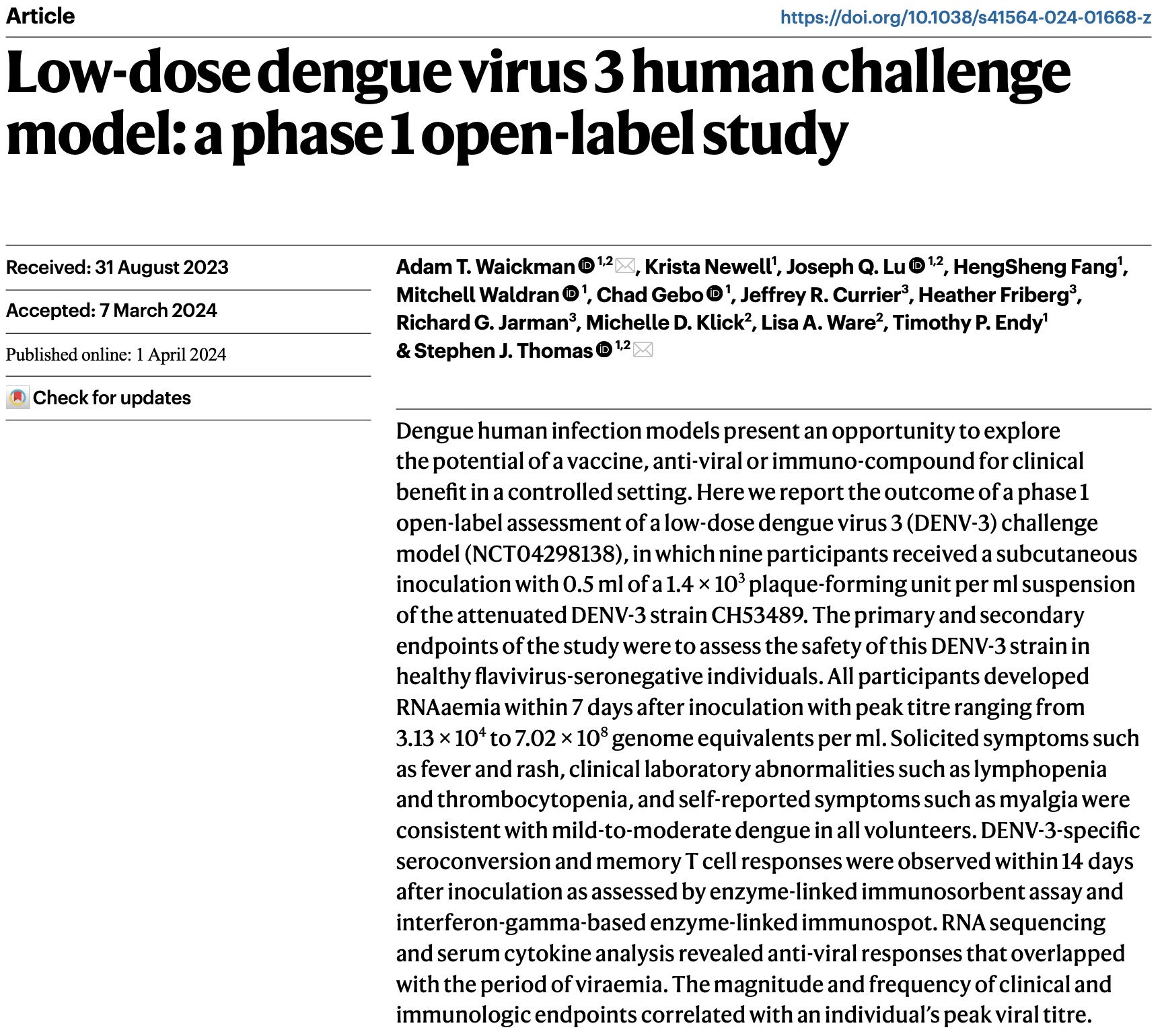 Abstract from Low-dose dengue virus 3 human challenge model: a phase 1 open-label study